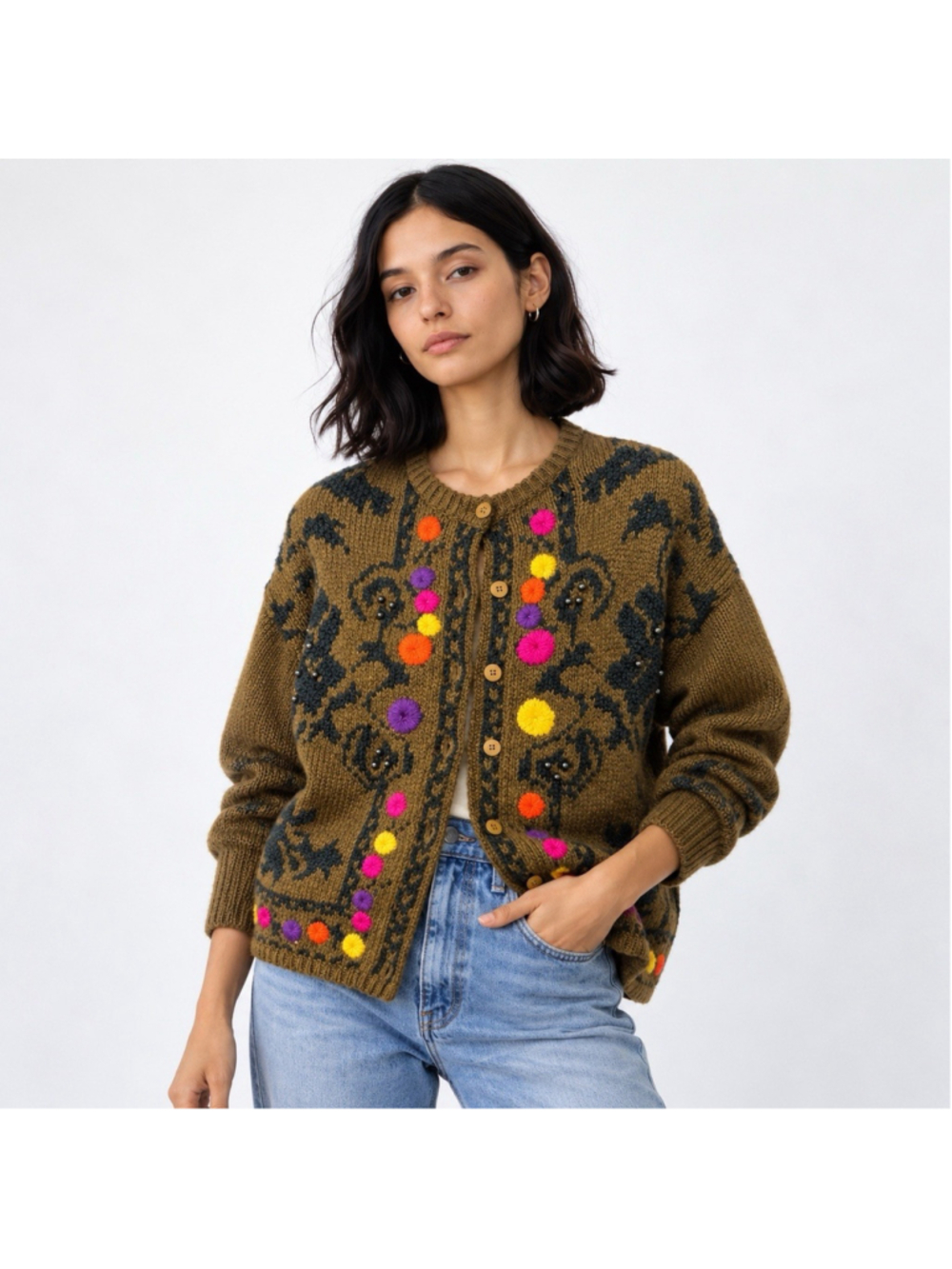 Vintage 80s Kitty Hawk Vivian Wang Funky Art Wear Chunky Knit Cardigan Sweater L
